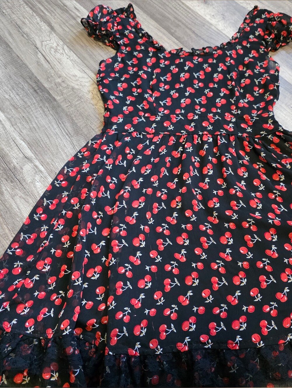 Vintage Rockabily Tripp Goth Black Cherry Print Short Sleeve Dress 90s Pinup - Picture 3 of 9
